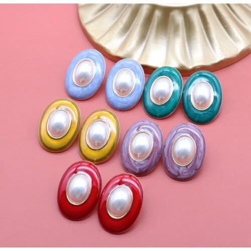 Oval Shaped Earrings Enamel Pearls Sweet Party Stud Femme Accessories