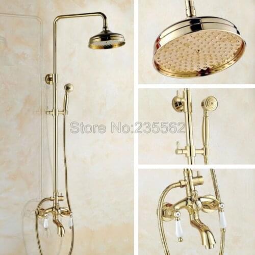Golden Brass Bathroom 8" Inch Rainfall Shower Style Faucet Set W/ Dual Ceramic Handle Bathtub Mixer Tap + Hand Spray lgf421