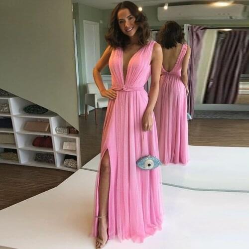 Deep V Neck Backless Pink Evening Gown Tulle Floor Length Long Formal Prom Party Dress with Split