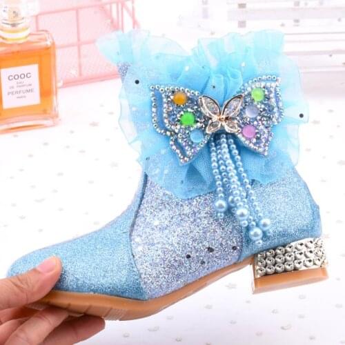 Disney autumn and winter frozen newest girls high-heeled boots big girl Princess elsa boots plus velvet warm children snow boots