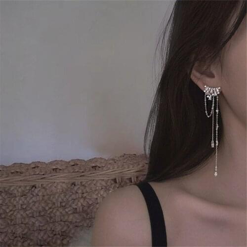 1 Pcs 925 Sterling Silver Piercing Tassel Crystal Geometric Stud Earrings For Women Wedding Femme Jewelry Pendientes eh855