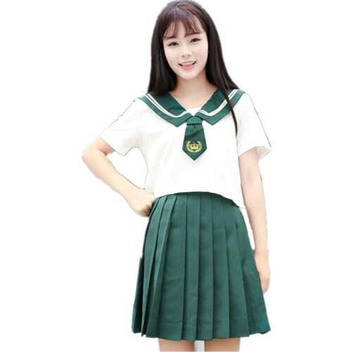 School Class Uniform Pleated Skirt Green Sailor Costume Suits For Women Japan Korean Student Girls Two-piece Suit For Cosplay