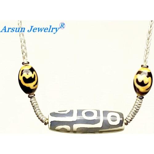 Blue/White 15*40mm Agate DZI Beads ladies pendant necklace woven necklace Tibet amulet lotus pattern Free Shipping