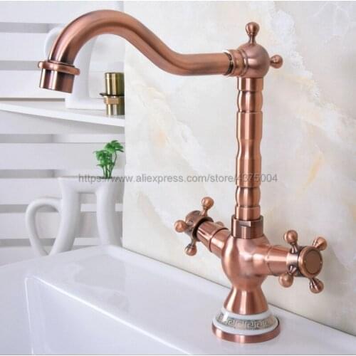 Basin Faucets Antique Red Copper Bathroom Sink Faucet 360 Degree Swivel Spout Double Cross Handle Bath Mixer Taps Nnf619