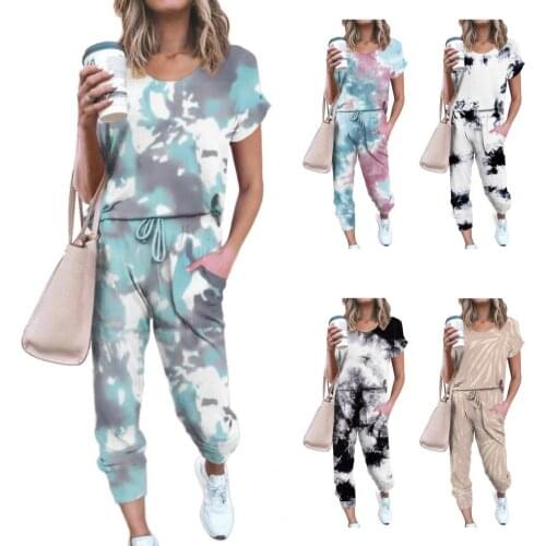 Tracksuit Tie Dye Loose Sports Suit Women Short Sleeve T-shirt Drawstring Pants Outfit for Spring/Summer Women Pajama Set Jogger
