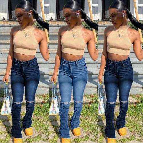 Stylish Ladies Stacked Slim Jeans Women Casual High Waist Skinny Ruched Wild Bottom Denim Pants with Knees Ripped Holes