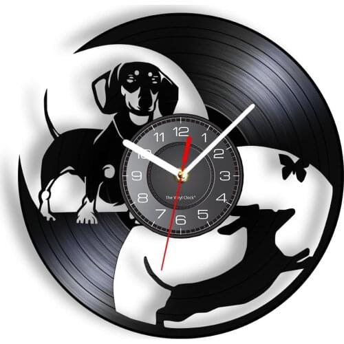 Dachshund Dog Longplay Record Wall Clock For Kid Room Dachshund Chasing Butterfly Noiseless Watch Home Decor Housewarming Gift