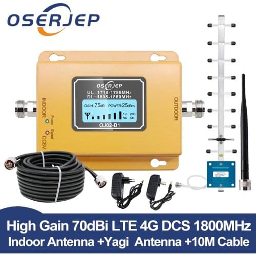 GSM LTE 1800 LCD 70dB Gain 2g 4g band3 Cell Phone Signal Repeater DCS 1800MHz Mobile Amplifier GSM Signal Booster + Antenna