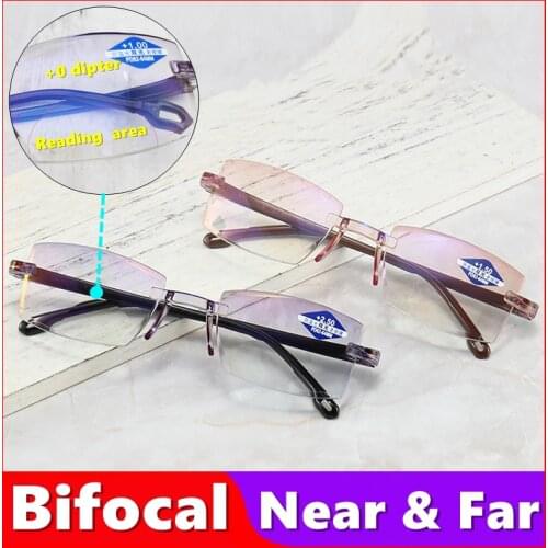 Highly Strength Reading Glasses Men Anti Blue Light Portable Rimless Women Presbyopic Bifocal Glasses Tr90 Gafas Ultra Light