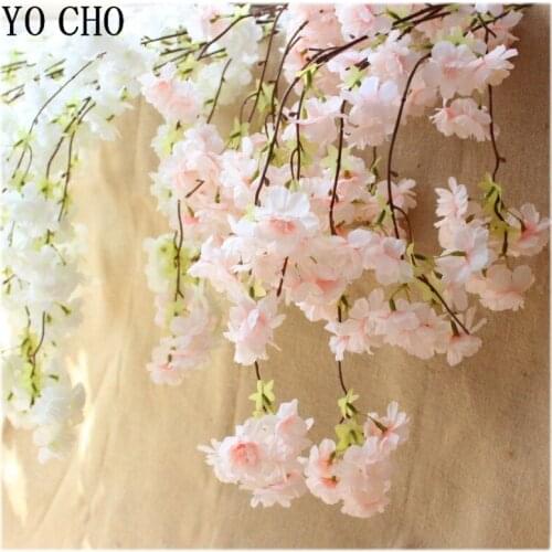 YO CHO 135cm Cherry Vines Artificial Flower 4 Forks Silk Cherry Blossoms Wedding Wall Hanging Fake Flower Girl Home Party Decor