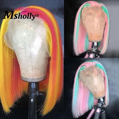 Yellow Red Highlight Wig 180Density 13x4 Lace Front Human Hair Wigs Short Bob Pink Green Blonde Brazilian Remy Wigs For Women