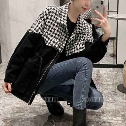 Autumn Tweed Jacket Women Spliced Plaid Vintage Fashion Drawstring Outwear Female Celebrity Harajuku Short Loose Coat