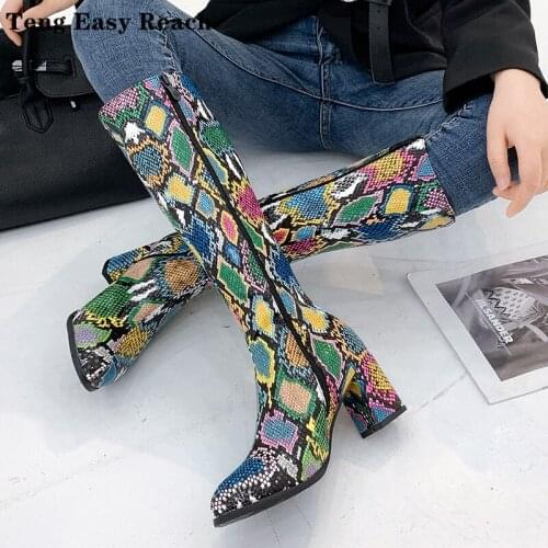 2020 Women knee high Boots Print High Heels Ladies Shoes Woman Party Dancing Pumps Basic microfiber Leather Boots size 35 39 43