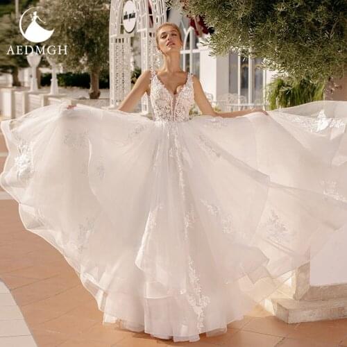 Aedmgh A-Line Wedding Dresses 2021 V- Neck Sleeveless Court Train Vestido De Novia Backless Appliques Ruffles Beach Bridal Gowns