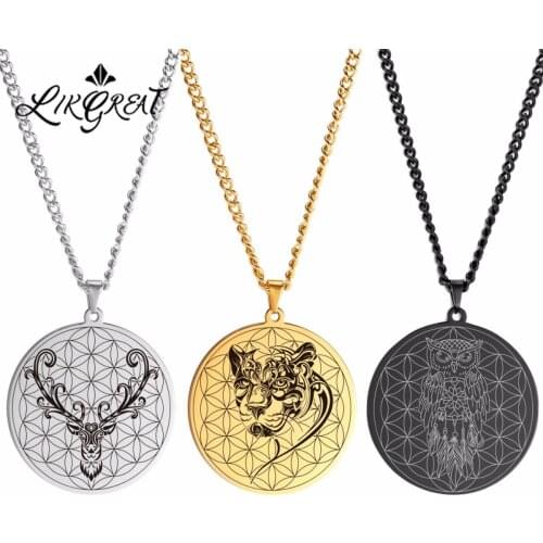Animal Owl Flower of Life Amulets Cool Pendant Long Choker Necklace Stainless Steel Panther Supernatural Talisman Ethnic Jewelry