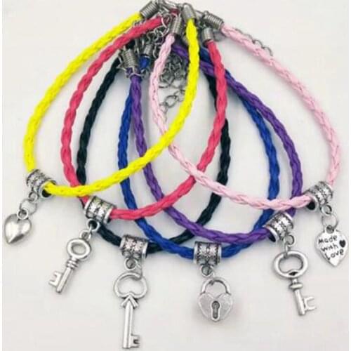 50Pcs Mixed Key & lock & Heart Made With Love Charm Pendant Multicolor Leather Braided Rope Bracelet Women Men Jewelry Gift