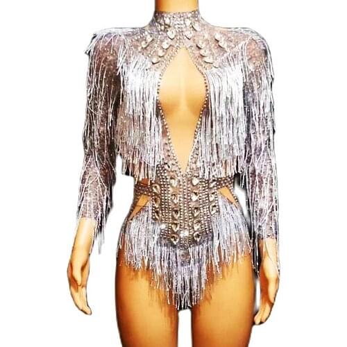 Sparkling Tassel Rhinestones Jumpsuit Mesh Gauze Perspective Sexy Bodycon Nightclub Dance Show Wear Theatrical Costume For Women