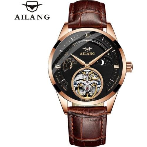 AILANG Fashion Business Relogio Masculino Waterproof Mens Watches Brand Luxury Automatic Tourbillon Skeleton Moon Phase 8607B