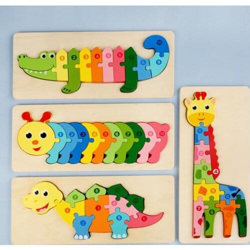 Wooden Dinosaur Giraffe Animal Number Puzzle Block Children Kids Educational Toy Childrens Wooden Educational Toys Montessori