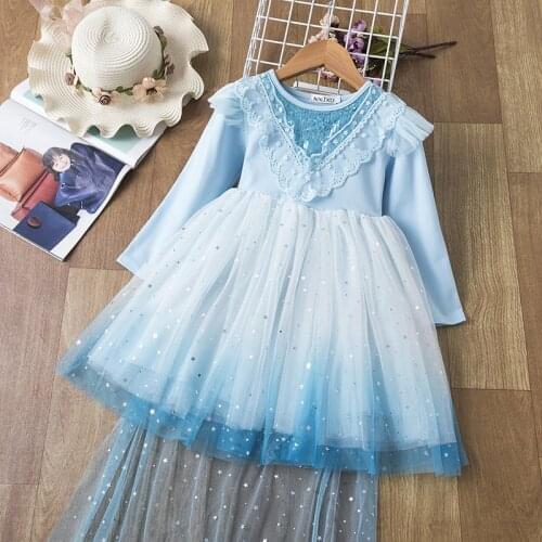 Kids Snow Queen Cosplay Costume Baby Girl Birthday Party Princess Fancy Dress Autumn Long Sleeve Sequin Tulle Ball Gown