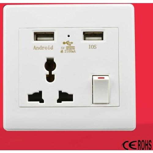 DHL shipping 20PCS Wall Socket Dual 2 USB Universal Plug Switch Power Supply Plate 2100mA Charger with LED indicator