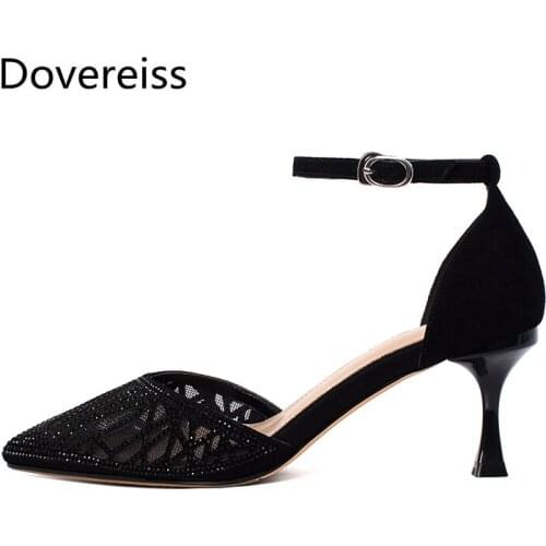 Dovereiss Fashion Womens Shoes Summer Apricot New Elegant Buckle Consice 9cm Stilettos heels Pointed toe Sandals 33-42