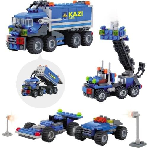 City Vehicle Car Container Truck Model Building Blocks Trailer Wagon Van Lorry Dump Truck Police Kids Construction Toys
