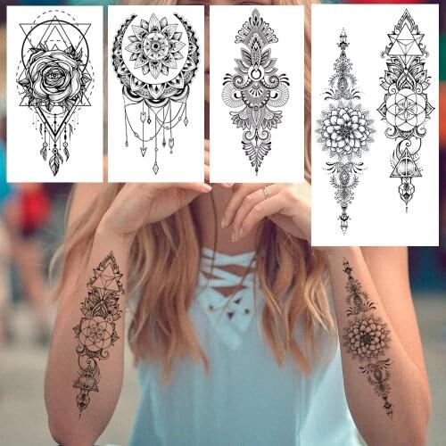 Lace Chains Temporary Tattoo For Women Sexy Mandala Henna Flower Tattoos Mehndi Fake Jewelry Moon Geometric Rose Tatoo Chest Art