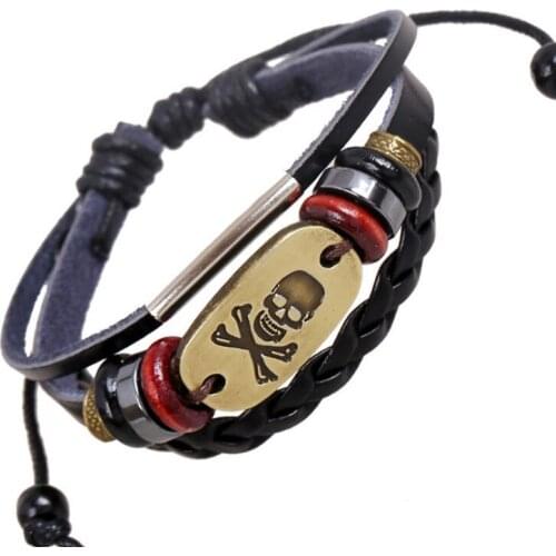 Fashion Punk Gothic Skull Leather Men Bracelet Vintage Retro Black Skeleton Bead Charm Bangle Wrap Wristband Rock Hiphop Jewelry