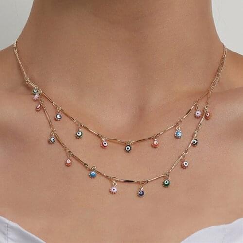 Fashion Bohemian Women Demon Evil Eye Cross Daisy Pendant Necklace Elegant Colorful Eyes Small Round Beads Choker Necklaces Gift