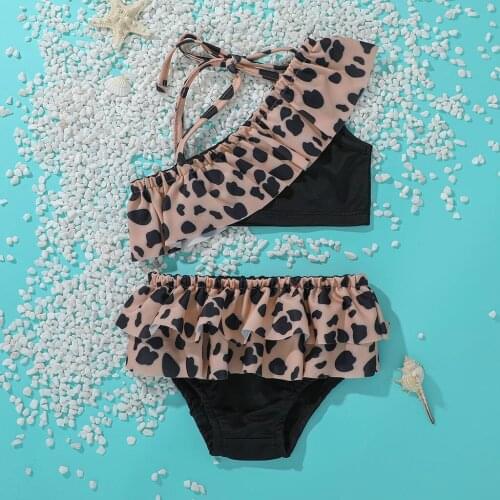 Newest Arrival Kids Girl Cute Two Piece Split Swimsuit Fresh Leopard/Flower One-shoulder Camisole+Ruffles Triangle Shorts Suits