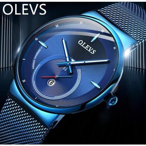 OLEVS Business Watch Men Luminous Blue Stainless Steel Mens Watches TOP Brand Luxury Quartz Wrist Watch Male Clock Auto Calendar