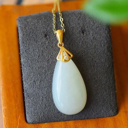 Natural Hotan white jade Drop Shaped Pendant Necklace Chinese retro palace style creative light luxury Winter Christmas gift