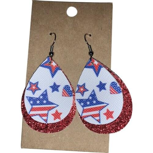 America Flag Stars Glitter Fourth of July Teardrop Leather Earrings Red White and Blue Double Layer Independence Day Earrings