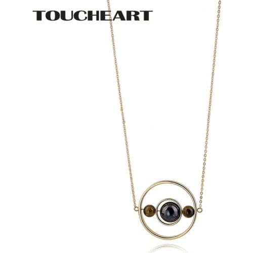 TOUCHEART Simple Gold Round Hollow Alloy Galaxy Map Pendant Display with Blue Gold stone Long Beads statement Necklace SNE170033