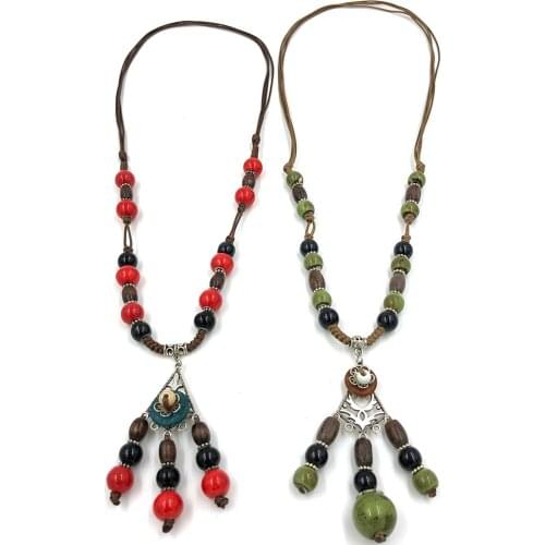 Vintage Ethnic Colorful Ceramic beads pendant Necklace Adjustable Knotted Long pendant necklace for Women