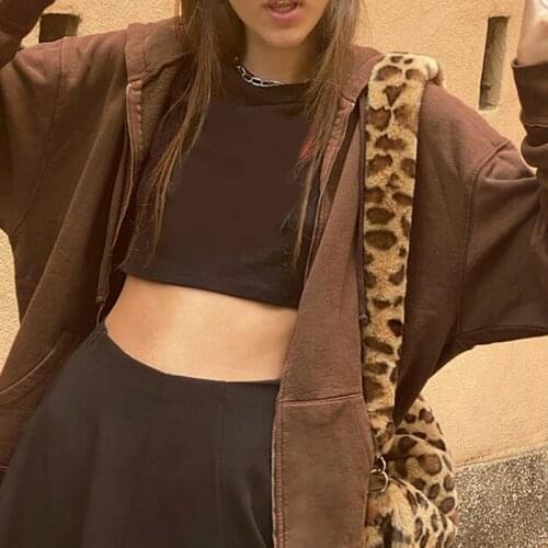 Brown Zip Up Sweatshirt Winter Jacket Clothes oversize y2k Hoodies Women plus size Vintage Pockets Long Sleeve Pullovers