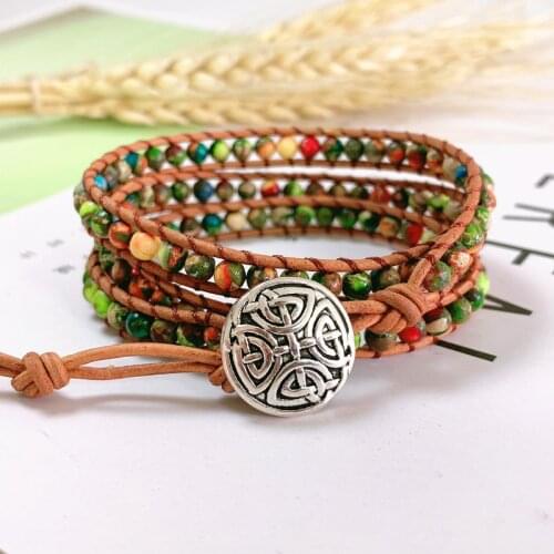 Colorful King Stone Triple Leather Wrap Bracelet for Women Fancy Stone Handmade Multilayer Mala Beads Leather Jewelry Womans