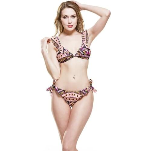 Women New Ruffle Bikini Set Print Bathing Suit Retro Vintage Swimsuit Bandage Swimwear Lotus Beachwear Push Up Suit Monokini