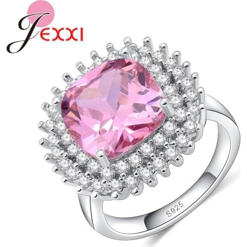 Pure Silver Rings Pink Crystal Accessory 925 Sterling Silver Rings For Women With CZ Around Luxury Girls Wedding Rings