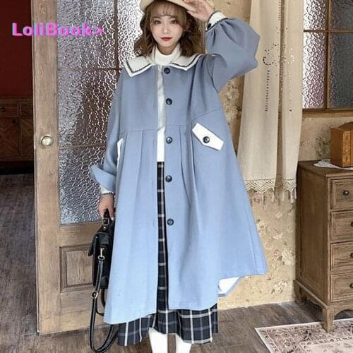 Lolibook Retro college style womens coat Japanese pure wool coat Navy collar long loose coat warm temperament oversize coat