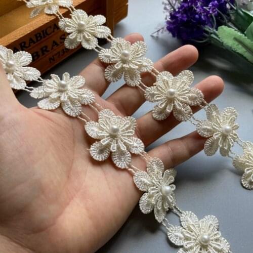 1 yard 3.5cm Ivory Pearl Flower Polyester Fabric Lace Trim Ribbon Wedding Embroidered Applique Trimmings Sewing Craft Baby Dress