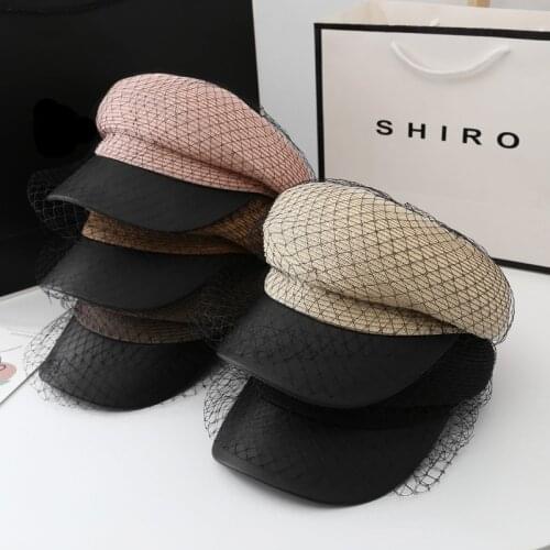 202103-lulu new japan design summer fine paper patchwork pu brim mesh newsboy cap leisure lady Octagonal hat women visors cap