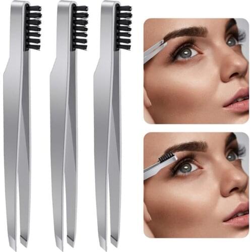 3PCS Multifunction Eyebrow Tweezer Stainless Steel Slant Tip Tweezer Eyebrow Brush Beauty Tweezer with Comb for Women