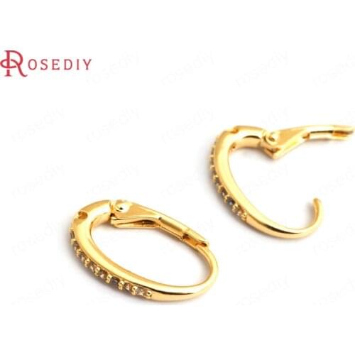 34942)4PCS 15MM 24K Gold Color Brass with White Zircon Oval Circle Earrings Hooks High Quality Diy Accessories Jewelry Findings