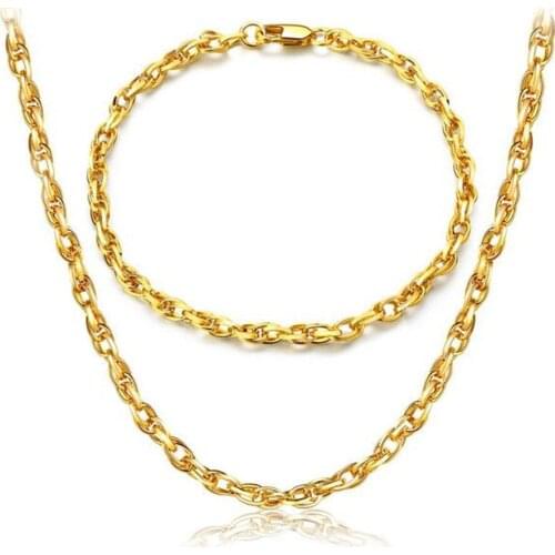 Free Shipping Golden 18 K Chain Necklace Bracelet Two-piece Set 4MM Lady Exquisite Personality Simple Valentines Day Gift