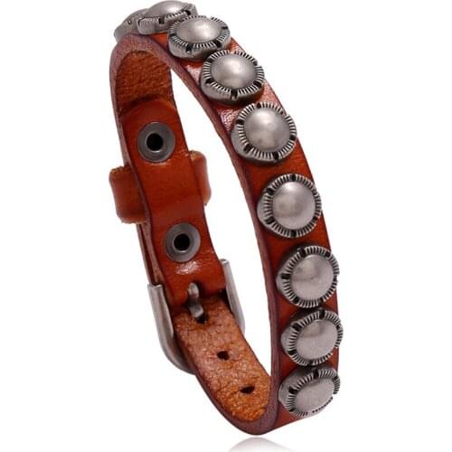 Punk Fashion Round Rivets Cuff Bracelet Alloy Beads Charm Vintage Genuine Leather Belt Wristband Bangle Women Men Gothic Jewelry