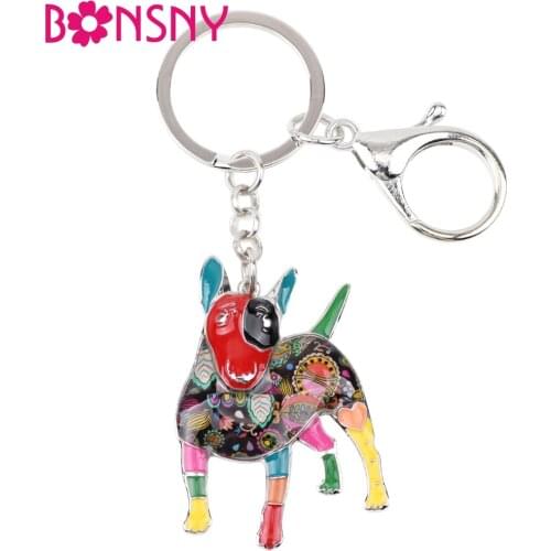 Bonsny Enamel Alloy Bull Terrier Dog Key Chain Keychains Ring For Women Girls Car Bag Pendant Holder Unique Animal Jewelry Charm