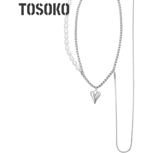 TOSOKO Stainless Steel Jewelry Natural Freshwater Pearl Splicing Chain Tassel Double-Layer Heart Pendant Necklace BSP397