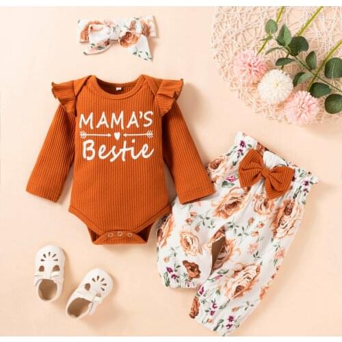 Newborn Baby Girl Clothes 3pcs Ribbed Letter Romper Bodysuit Ruffle Floral Pants Headband Outfits Set Infant Baby Girls Clothing